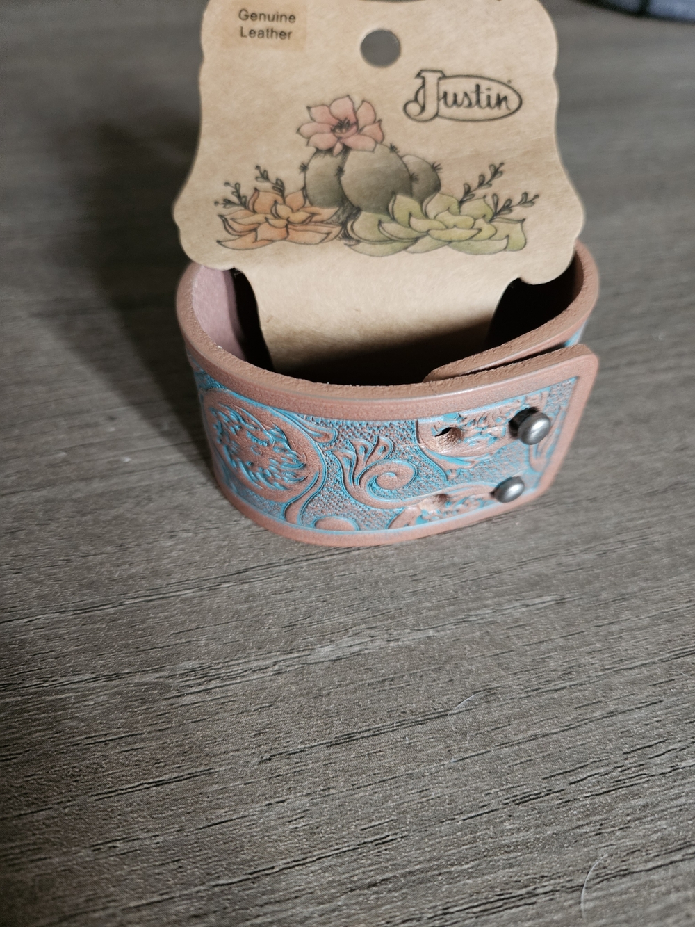 Justin Boots Turquoise-Accented Tan Leather Cuff Bracelet